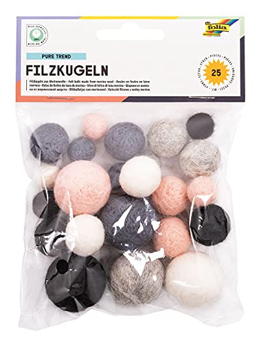 folia 5280 - Filzkugeln Pure Trend, 25 Kugeln aus 100 % Merinowolle, sortiert in 5 verschiedenen Farben und 3 Größen, ideal für Mobiles, Girlanden, uvm. von folia