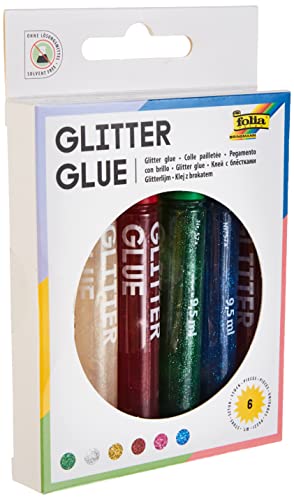 folia 570 - Glitter Glue, Klebestifte mit Glitzer, 6 Stifte sortiert in 6 Farben, je 9,5 ml - zum Bemalen und Verzieren von folia