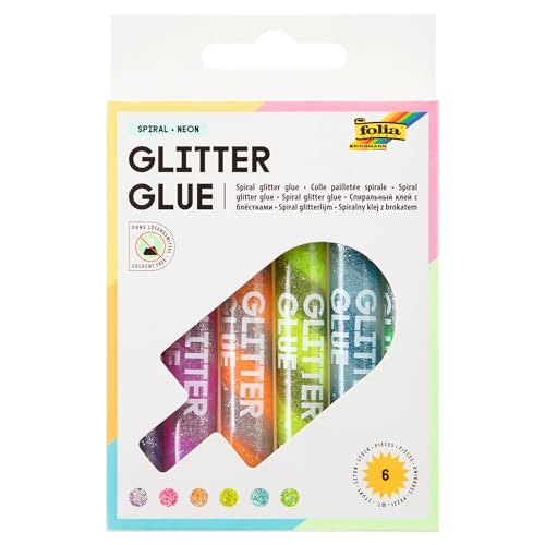 folia 576 - Glitter Glue Spiral Neon, Klebestifte mit Glitzer, 6er sortiert in 6 Farben, je 10,5 ml - zum Bemalen und Verzieren von folia