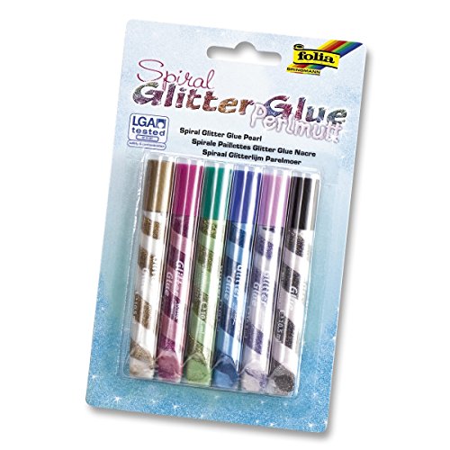 folia 577 - Glitter Glue Spiral Perlmutt, Klebestifte mit Glitzer, 6 Stifte sortiert in 6 Farben, je 10,5 ml - zum Bemalen und Verzieren von folia