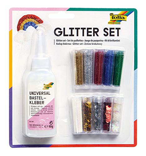 folia 579 - Glitter Set, bestehend aus Bastelkleber und 10 Dosen Glitterpulver und -streuteile, farbig sortiert - ideal zum Verzieren Ihrer Bastelarbeiten, Grußkarten, Scrapbooking, und vielem mehr folia 579 - Glitter Set, bestehend aus Bastelkleber und 10 Dosen Glitterpulver und -streuteile, farbig sortiert - ideal zum Verzieren Ihrer Bastelarbeiten, Grußkarten, Scrapbooking, und vielem mehr von folia