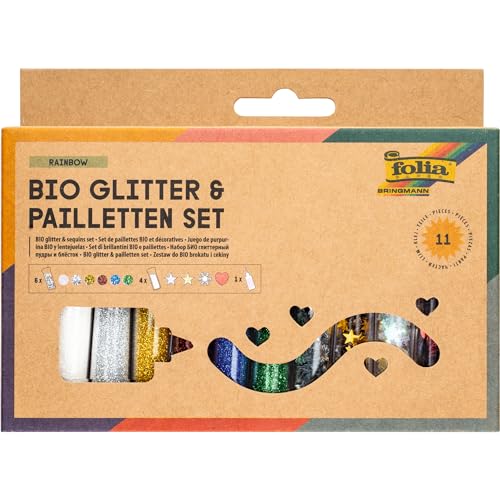 folia 5791 - Bio Glitter & Pailletten Set RAINBOW, 10 Tuben inkl. 90 g Deko-Kleber, organischer Glitzer und Pailletten in verschiedenen Formen und Farben, zum Verzieren und Dekorieren von folia