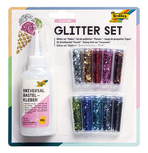 folia 589 - Glitterset Flocken, bestehend aus Bastelkleber und 10 Dosen Glitter-Streuteile, farbig sortiert - ideal zum Verzieren Ihrer Bastelarbeiten, Grußkarten, Scrapbooking, und vielem mehr von folia