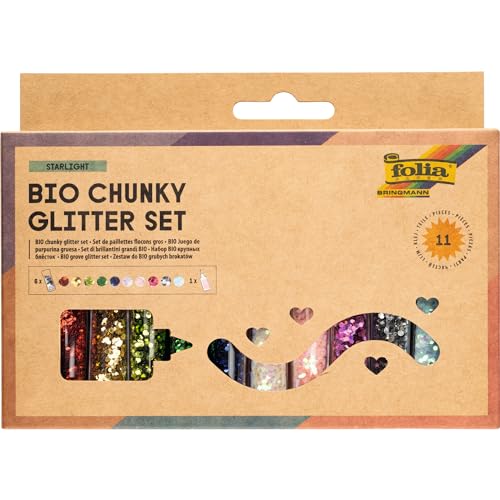 folia 5891 - Bio Chunky Glitter Set STARLIGHT, 10 Dosen inkl. 90 g Deko-Kleber, organischer Chunky Glitzer in 10 verschiedenen Farben, zum Verzieren und Dekorieren von folia