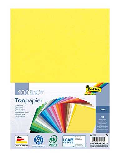 folia 605 - Tonpapier Mix, DIN A4, 130 g/m², 100 Blatt sortiert in 10 Farben, zum Basteln und kreativen Gestalten von Karten, Fensterbildern und für Scrapbooking von folia