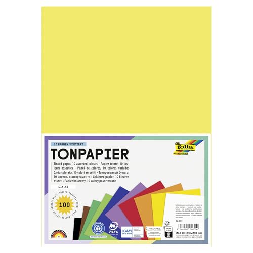 folia 605 - Tonpapier Mix, DIN A4, 130 g/m², 100 Blatt sortiert in 10 Farben, zum Basteln und kreativen Gestalten von Karten, Fensterbildern und für Scrapbooking von folia