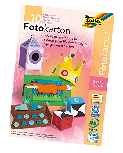 folia 607 - Block mit farbig sortiertem Fotokarton, DIN A3, 10 Blatt, 300 g/qm, ideale Grundlage für vielfältige Bastelarbeiten wie Fensterbilder, Scrapbooking, Kartengestaltung von folia