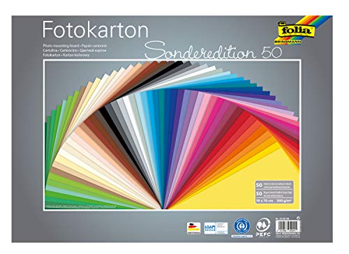 folia 61/50 99 - Fotokarton Mix 50 x 70 cm, 300 g/qm, 50 Bogen sortiert in 50 Farben - ideale Grundlage für zahlreiche Bastelideen von folia