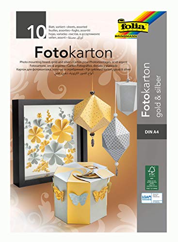 folia 611 - Block mit Fotokarton in gold / silber, DIN A4, 10 Blatt, 300 g/qm, ideale Grundlage für vielfältige Bastelarbeiten wie Fensterbilder, Scrapbooking, Kartengestaltung von folia