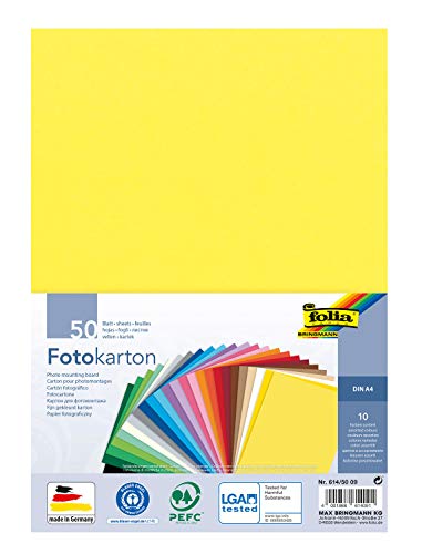 folia 614/50 09 - Fotokarton Mix, DIN A4, 300 g/m², 50 Blatt, sortiert in 10 Farben, zum Basteln und kreativen Gestalten von Karten, Fensterbildern und für Scrapbooking von folia