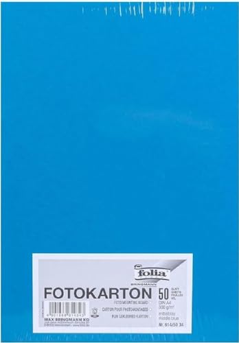 folia 614/50 34 - Fotokarton DIN A4, 300 g/qm, 50 Blatt, mittelblau - zum Basteln und kreativen Gestalten von Karten, Fensterbildern und für Scrapbooking von folia