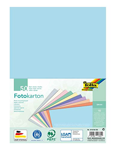 folia 614/50 95 - Fotokarton Mix Pastell DIN A4, 300 g/qm, 50 Blatt, sortiert in 10 verschiedenen Farben, zum Basteln und kreativen Gestalten von Karten, Fensterbildern und für Scrapbooking von folia