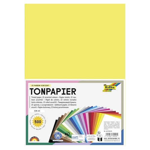 folia 64/500 09 - Tonpapier Mix, DIN A4, 130 g/m², 500 Blatt sortiert in 25 Farben, zum Basteln und kreativen Gestalten von Karten, Fensterbildern und für Scrapbooking von folia