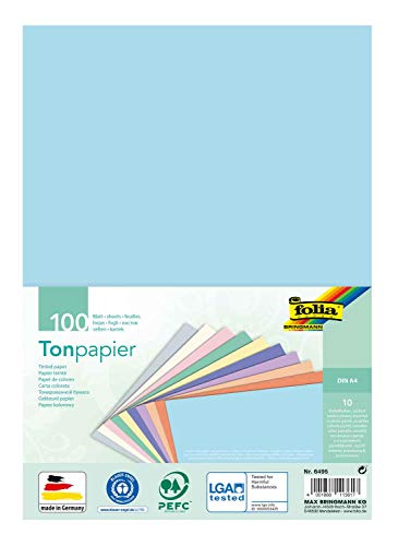 folia 6495 - Tonpapier Mix Pastell, DIN A4, 130 g/m², 100 Blatt sortiert in 10 Farben, zum Basteln und kreativen Gestalten von Karten, Fensterbildern und für Scrapbooking von folia