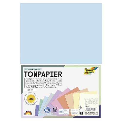 folia 6495 - Tonpapier Mix Pastell, DIN A4, 130 g/m², 100 Blatt sortiert in 10 Farben, zum Basteln und kreativen Gestalten von Karten, Fensterbildern und für Scrapbooking, Bunt von folia