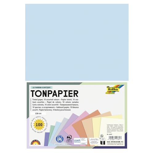 folia 6495 - Tonpapier Mix Pastell, DIN A4, 130 g/m², 100 Blatt sortiert in 10 Farben, zum Basteln und kreativen Gestalten von Karten, Fensterbildern und für Scrapbooking von folia