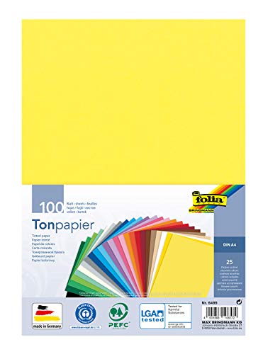 folia 6499 - Tonpapier Mix, DIN A4, 130 g/m², 100 Blatt sortiert in 25 Farben, zum Basteln und kreativen Gestalten von Karten, Fensterbildern und für Scrapbooking von folia