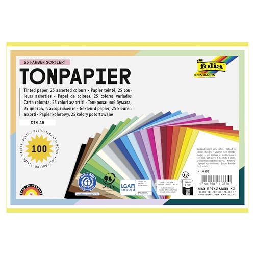 folia 6599 - Tonpapier Mix, DIN A5, 130 g/m², 100 Blatt sortiert in 25 Farben, zum Basteln und kreativen Gestalten von Karten, Fensterbildern und für Scrapbooking folia 6599 - Tonpapier Mix, DIN A5, 130 g/m², 100 Blatt sortiert in 25 Farben, zum Basteln und kreativen Gestalten von Karten, Fensterbildern und für Scrapbooking von folia