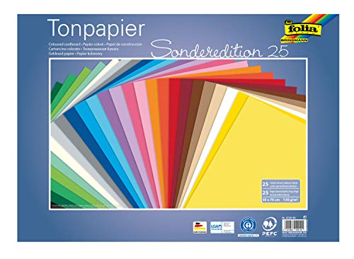 folia 67/25 99 - Tonpapier Mix, ca. 50 x 70 cm, 130 g/m², 25 Blatt sortiert in 25 Farben, zum Basteln und kreativen Gestalten von Karten, Fensterbildern und für Scrapbooking von folia