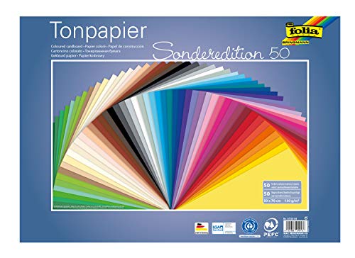 folia 67/50 99 - Tonpapier Mix, ca. 50 x 70 cm, 130 g/m², 50 Blatt sortiert in 50 Farben, zum Basteln und kreativen Gestalten von Karten, Fensterbildern und für Scrapbooking von folia