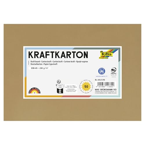 folia 692/5/98 - Kraftkarton natur, 230 g/m², DIN A5, 50 Blatt, zum individuellen Basteln und Gestalten von Grußkarten, Einladungen, Tischkarten, uvm. von folia