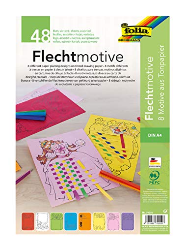 folia 70250 - Flecht- & Webmotive aus Tonpapier (130 g/m²), DIN A4, 48 Blatt farbig sortiert mit 8 verschiedenen Motiven, kreative Beschäftigung für Kinder von folia