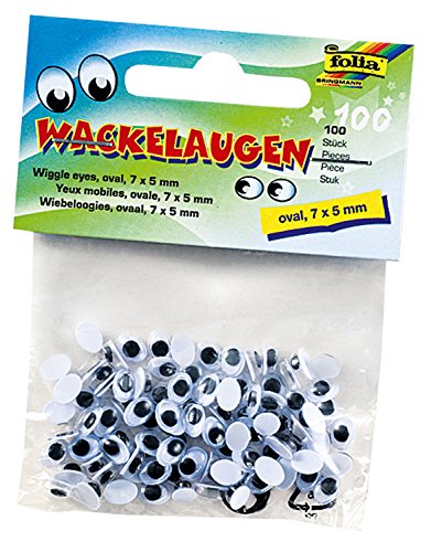 folia 750705 - Wackelaugen mit beweglicher Pupille, weiß, oval ca. 7 x 5 mm, 100 Stück - ideal für das Basteln von Figuren und Tieren von folia