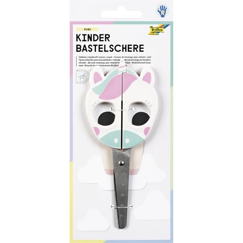 folia 771 - Kinder Bastelschere UNICORN, ca. 16 cm, Kinderschere mit Einhornmotiv und Linealprägung, rostfrei mit abgerundeten Ecken, für Rechtshänder von folia