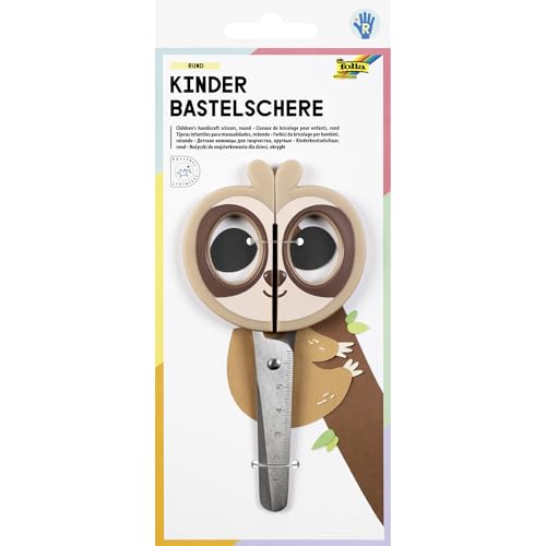 folia 773 - Kinder Bastelschere SLOTH, ca. 16 cm, Kinderschere mit Faultiermotiv und Linealprägung, rostfrei mit abgerundeten Ecken, für Rechtshänder von folia