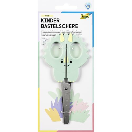 folia 774 - Kinder Bastelschere DINO, ca. 16 cm, Kinderschere mit Dinosauriermotiv und Linealprägung, rostfrei mit abgerundeten Ecken, für Rechtshänder von folia