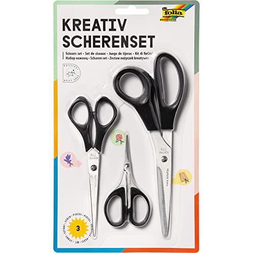folia 778 - Kreativ Scheren Set, 3 Scheren in verschiedenen Größen, groß, mittel und filigran, mit schwarzem Griff, rostfreie Klinge, für Rechtshänder folia 778 - Kreativ Scheren Set, 3 Scheren in verschiedenen Größen, groß, mittel und filigran, mit schwarzem Griff, rostfreie Klinge, für Rechtshänder von folia