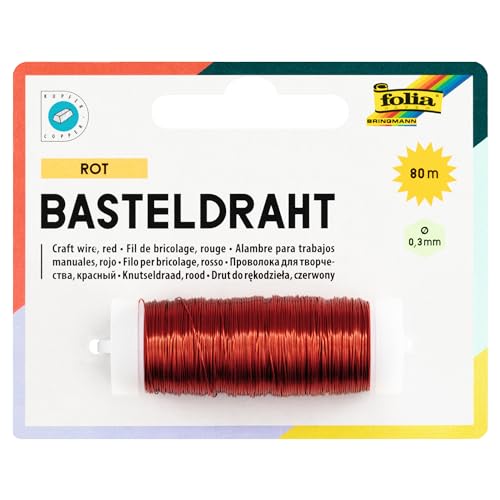 folia 79220 - Kupferdraht rot, 1 Spule 0,3 mm x 80 m - ideal für Bastelarbeiten, Gestecke und Gebinde von folia