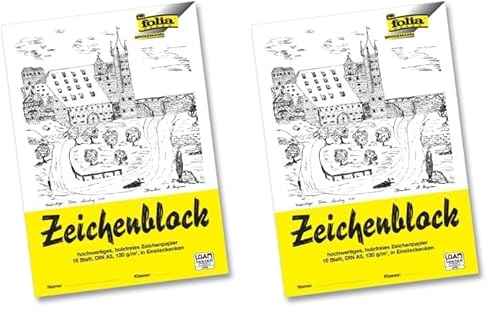 folia 8103 - Zeichenblock mit Leinenecken 120 g/m², DIN A3, 10 Bogen, weiß, hochwertiges, holzfreies Zeichenpapier (Packung mit 2) von folia