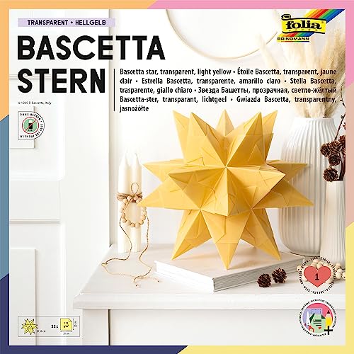 folia 811/2020 - Bastelset Bascetta Stern, Transparent hellgelb, 20 x 20 cm, 32 Blatt, fertige Größe des Papiersterns ca. 30 cm, mit ausführlicher Anleitung - ideal zur zeitlosen Dekoration von folia