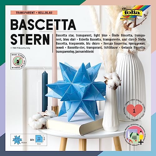 folia 814/2020 - Bastelset Bascetta Stern, Transparent gelb, 20 x 20 cm, 32 Blatt, fertige Größe des Papiersterns ca. 30 cm, mit ausführlicher Anleitung - ideal zur zeitlosen Dekoration von folia