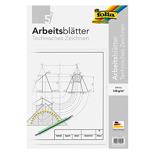 folia 8203/5 - Zeichenpapier, Block mit Arbeitsblättern für technisches Zeichnen, DIN A3, 5 Blatt, 120 g/qm, weiß, mit Vordruck von folia