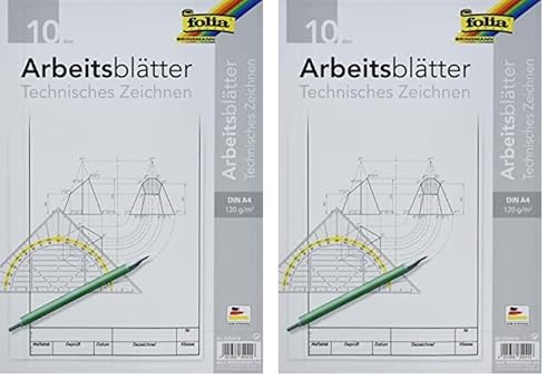 folia 8204/10 - Zeichenpapier, Block mit Arbeitsblättern für technisches Zeichnen, DIN A4, 10 Blatt, 120 g/qm, weiß, mit Vordruck (Packung mit 2) von folia
