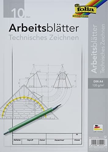 folia 8204/10 - Zeichenpapier, Block mit Arbeitsblättern für technisches Zeichnen, DIN A4, 10 Blatt, 120 g/qm, weiß, mit Vordruck von folia