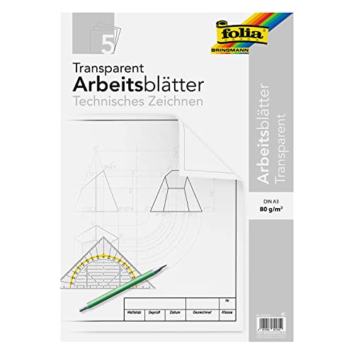 folia 8213/5 - Zeichenpapier, Block mit Arbeitsblättern für technisches Zeichnen, DIN A3, 5 Blatt, 80 g/qm, transparent, mit Vordruck von folia