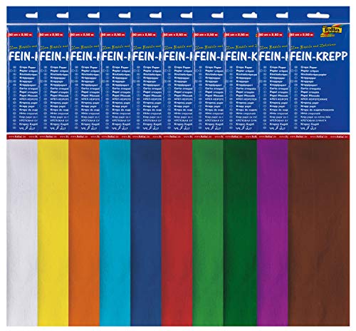 folia 82209 - Krepppapier, 10 Lagen in verschiedenen Farben, jede Lage ca. 50 x 250 cm, 32 g/m², sehr elastisches und dünnes Papier, mit einer unebenen und rauen Oberfläche von folia