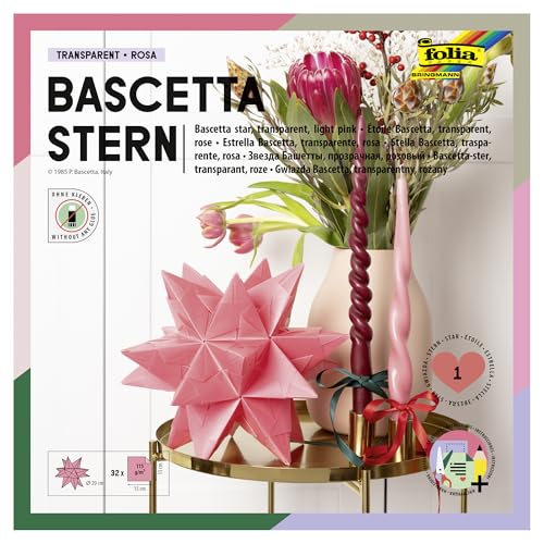 folia 826/1515 - Bastelset Bascetta Stern, Transparent rosa, 15 x 15 cm, 32 Blatt, fertige Größe des Papiersterns ca. 20 cm, mit ausführlicher Anleitung - ideal zur zeitlosen Dekoration von folia