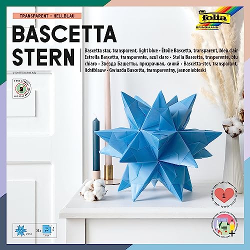 folia 830/2020 - Bastelset Bascetta Stern, Transparent hellblau, 20 x 20 cm, 32 Blatt, fertige Größe des Papiersterns ca. 30 cm, mit ausführlicher Anleitung - ideal zur zeitlosen Dekoration von folia