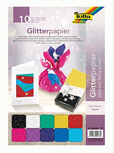 folia 830409 - Glitterpapier, 70 g/qm, 10 Blatt, ca. 23 x 33 cm, sortiert in 10 verschiedenen Farben von folia