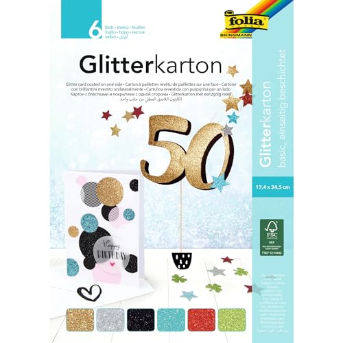 folia 85139 - Glitterkarton-Block Basic, 300 g/qm, 6 Blatt, ca. 17,4 x 24,5 cm von folia