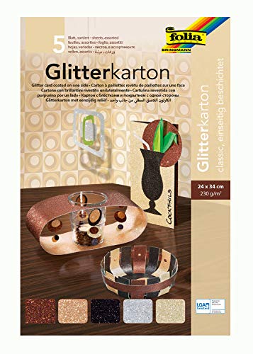 folia 85149 - Glitterkarton Classic, farbig sortiert, 24 x 34 cm, 5 Blatt, 300 g/qm - für elegante und funkelnde Bastelarbeiten von folia