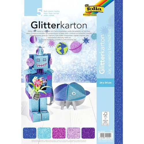 folia 85249 - Glitterkarton Ice, farbig sortiert, 24 x 34 cm, 5 Blatt, 300 g/qm - für elegante und funkelnde Bastelarbeiten folia 85249 - Glitterkarton Ice, farbig sortiert, 24 x 34 cm, 5 Blatt, 300 g/qm - für elegante und funkelnde Bastelarbeiten von folia