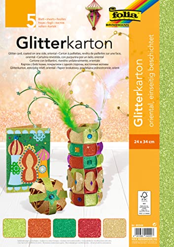 folia 85349 - Glitterkarton Oriental, farbig sortiert, 24 x 34 cm, 5 Blatt, 300 g/qm - für elegante und funkelnde Bastelarbeiten von folia