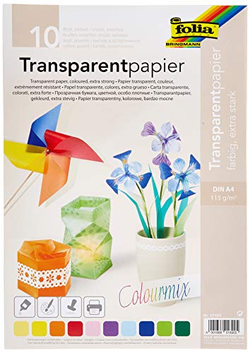 folia 87409 - Transparentpapier, farbig sortiert, DIN A4, 10 Blatt, 115 g/qm - ideal zum Basteln, für Fensterbilder, Windlichter von folia