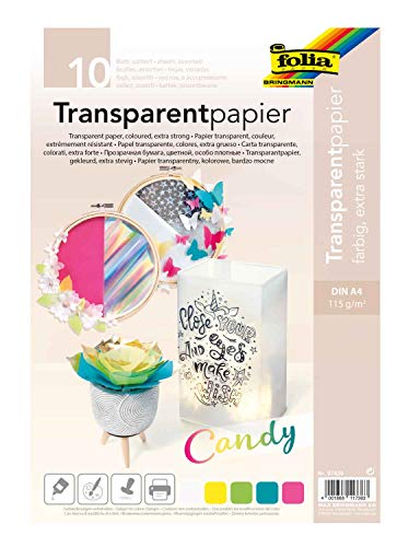 folia 87429 - Transparentpapier Candy, farbig, extra stark 115g/m², DIN A4 Format, 10 Blatt sortiert in 5 Farben, zum Kleben, Bemalen, Bestempeln und Bedrucken von folia