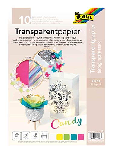 folia 87429 - Transparentpapier Candy, farbig, extra stark 115g/m², DIN A4 Format, 10 Blatt sortiert in 5 Farben, zum Kleben, Bemalen, Bestempeln und Bedrucken folia 87429 - Transparentpapier Candy, farbig, extra stark 115g/m², DIN A4 Format, 10 Blatt sortiert in 5 Farben, zum Kleben, Bemalen, Bestempeln und Bedrucken von folia